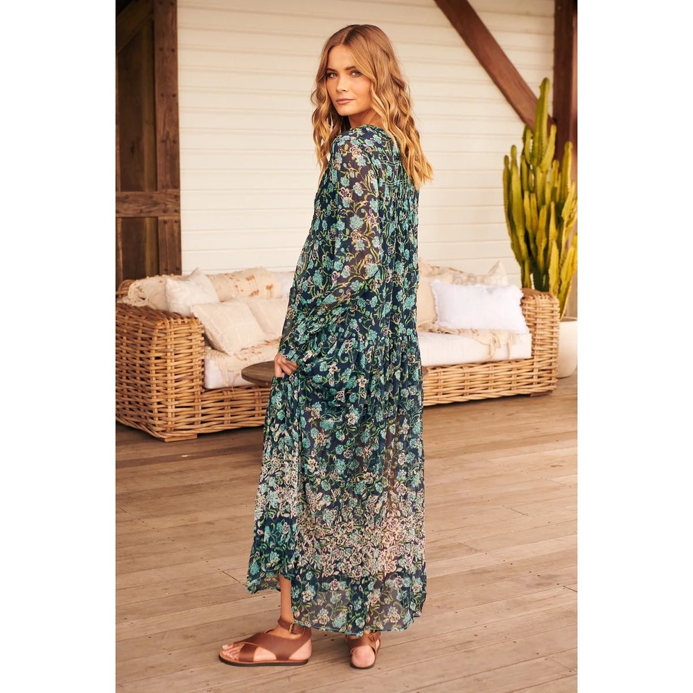 Free People See It Through Dress Womens XS Blue Green Floral Sheer Maxi‎ Boho